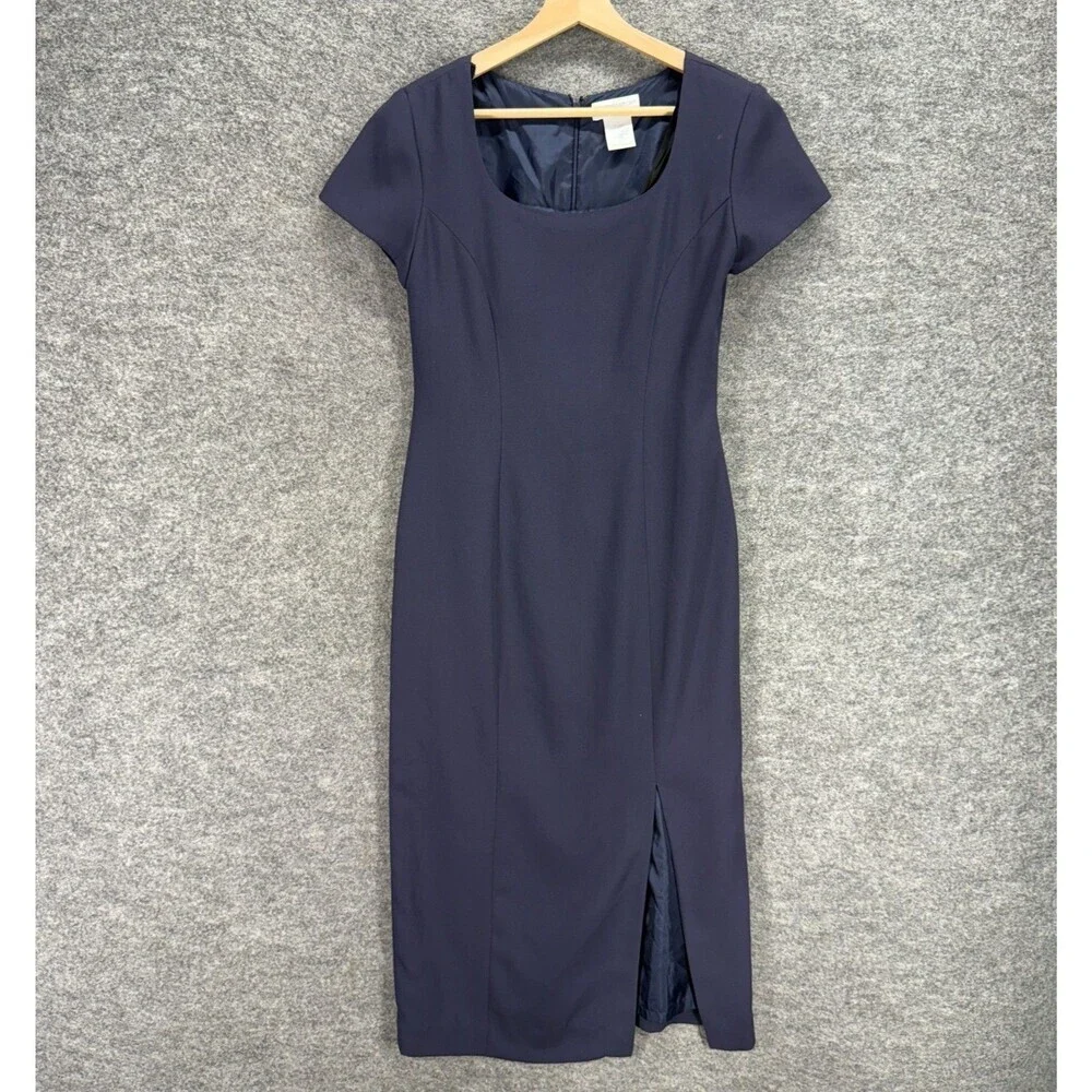 Worthington Dress Women 4P Petite Blue Sheath Midi Zipper Lined Square Neck